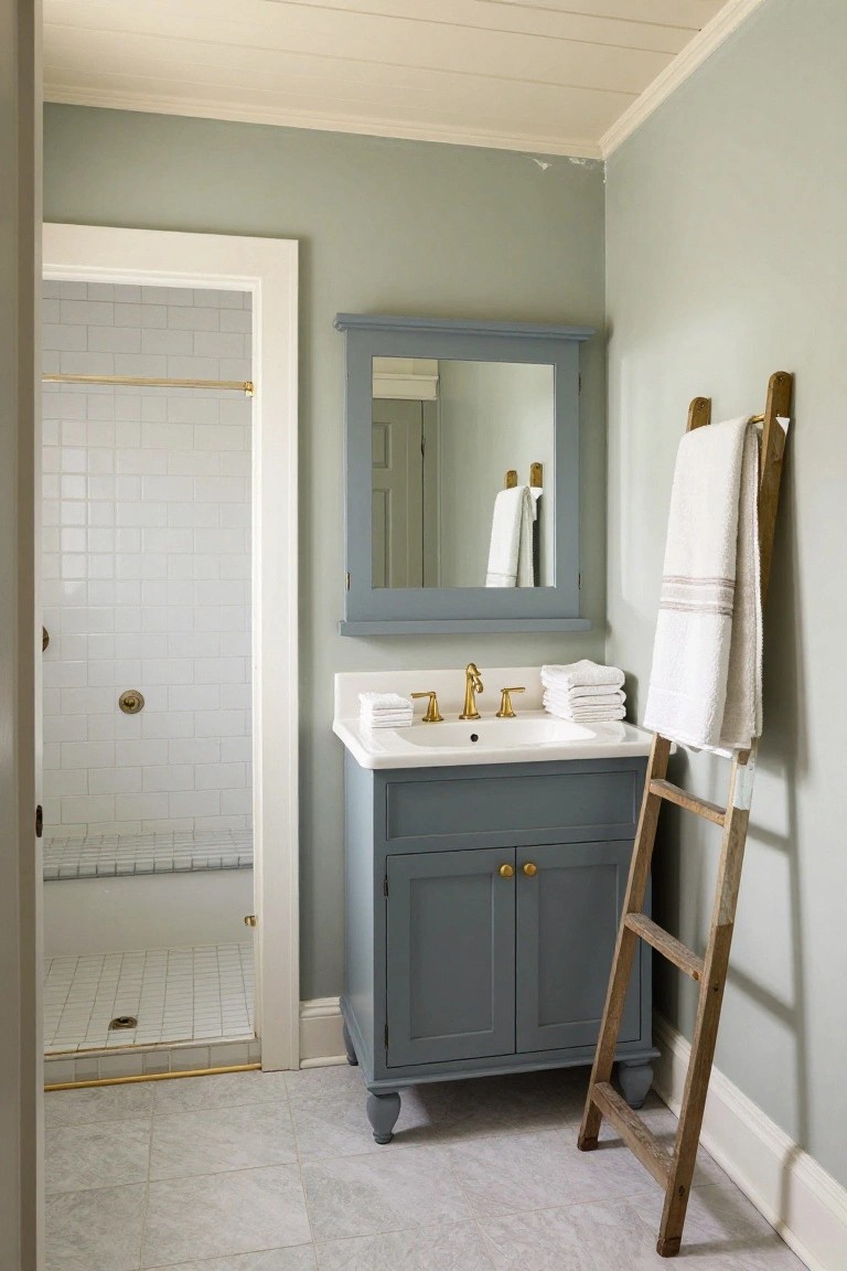 Light gray-green walls surrounding a navy vanity and white subway tile shower in a bathroom.