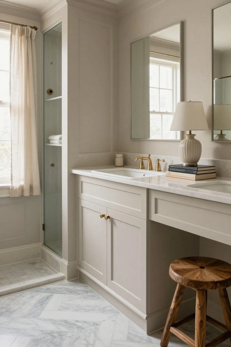 Pale greige walls in a bathroom with white vanity and marble floors