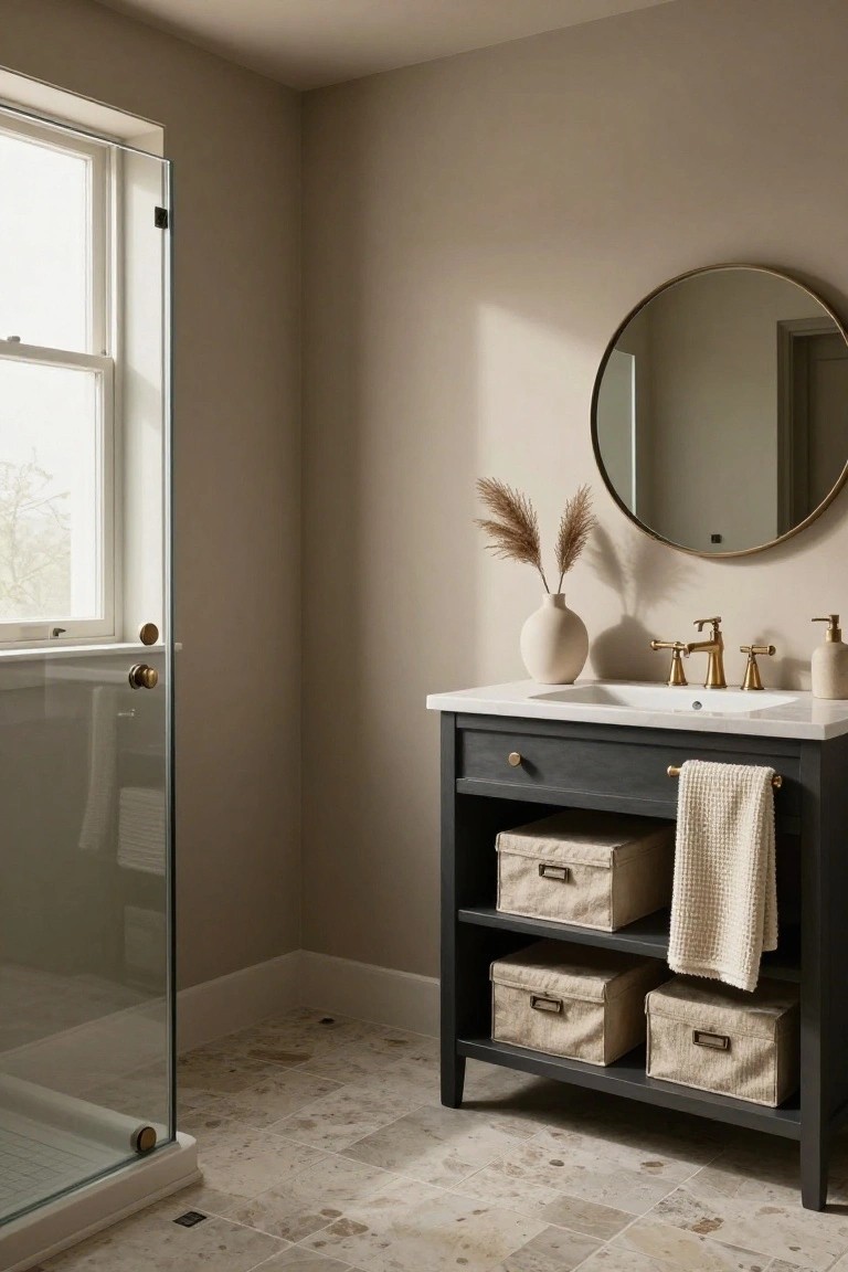 Bathroom with soft greige walls, black vanity, and brass fixtures.