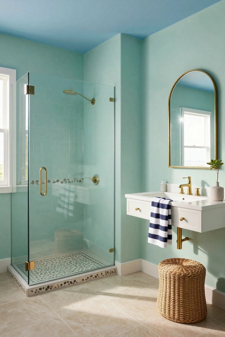 Bathroom with soft mint green walls, glass shower enclosure, and white floating vanity