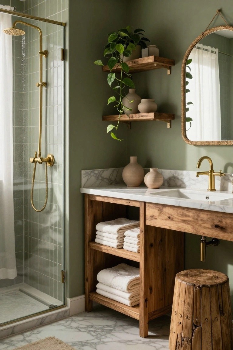 Bathroom with soft sage green walls, wood vanity, and brass shower.