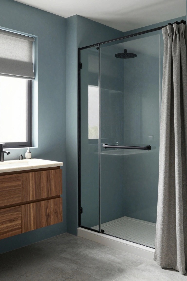 Bathroom featuring soft teal walls beside a wood vanity and glass shower enclosure.