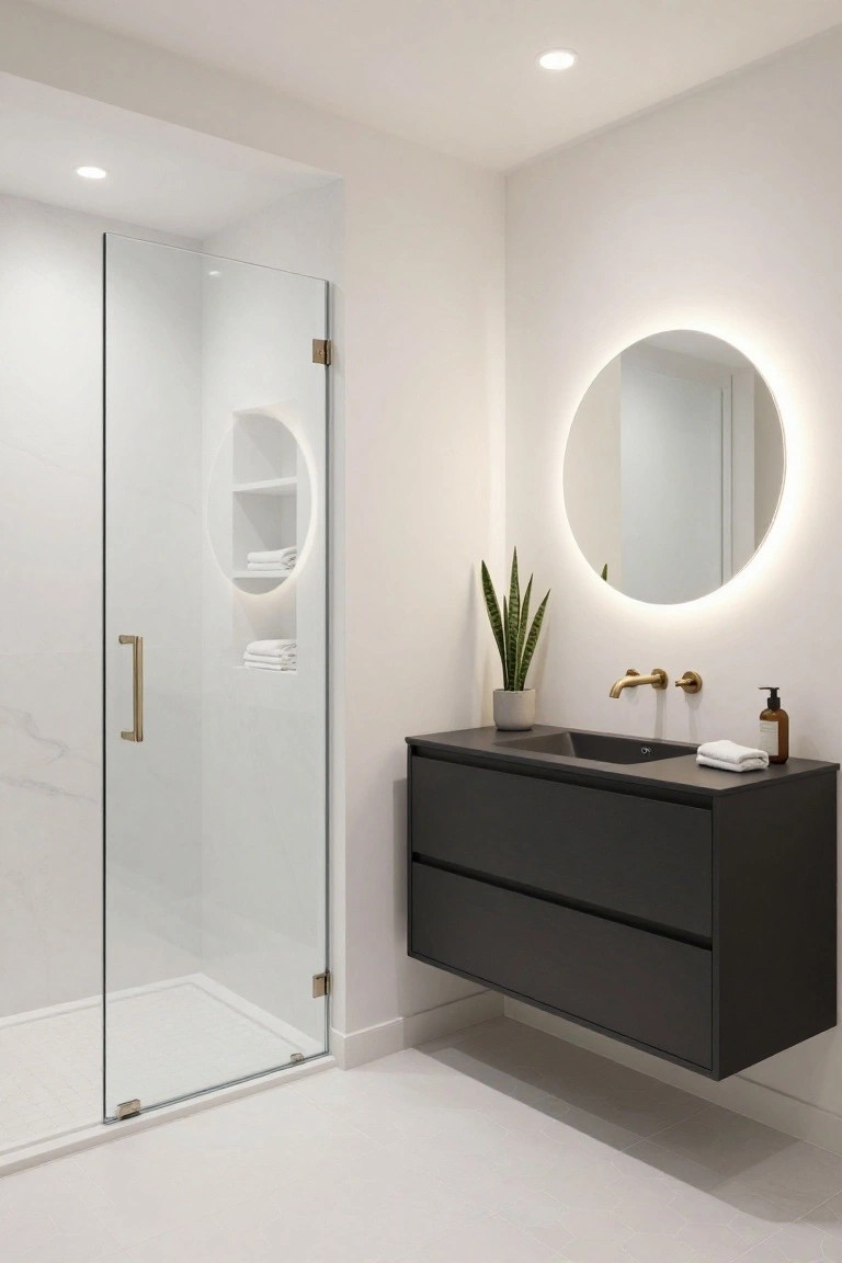 Bathroom with soft white walls, floating black vanity, and glass shower enclosure
