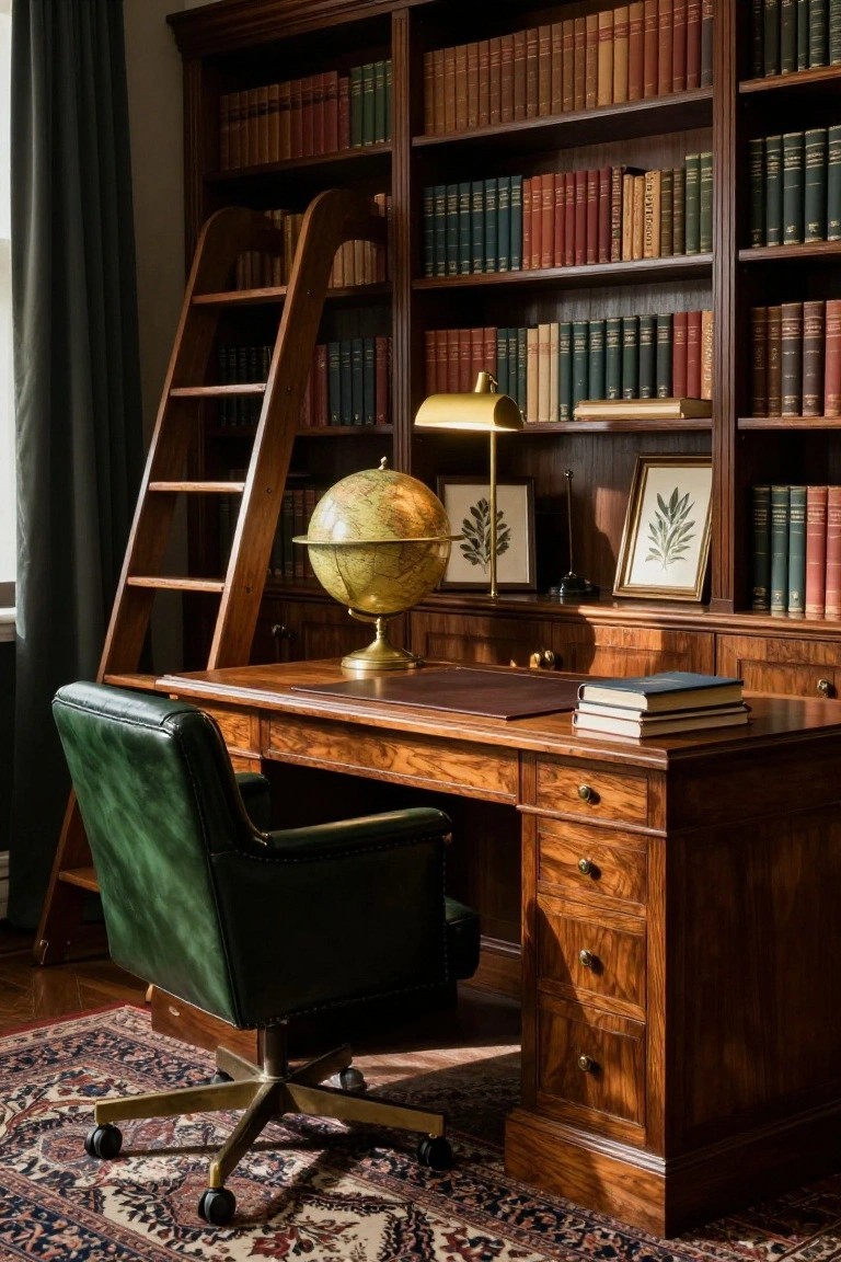 Wooden home office with floor-to-ceiling bookshelves filled with books, wooden rolling ladder, antique globe and lamp on polished wooden desk, green leather armchair, and patterned rug on wood floor.