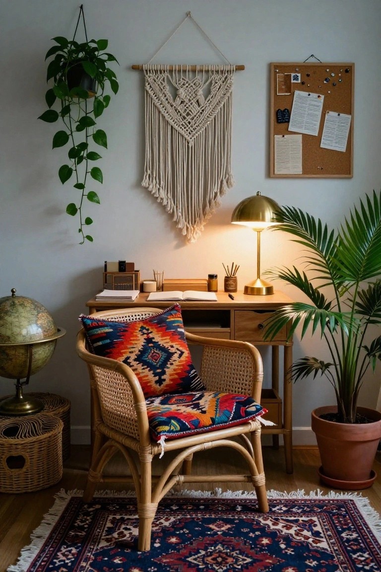Wooden desk with open notebook and lamp in a light gray room, rattan chair with multicolored patterned cushion, potted palm plant, hanging pothos, macrame wall hanging, corkboard, globe, brass lamp, and blue patterned rug on wood floor.