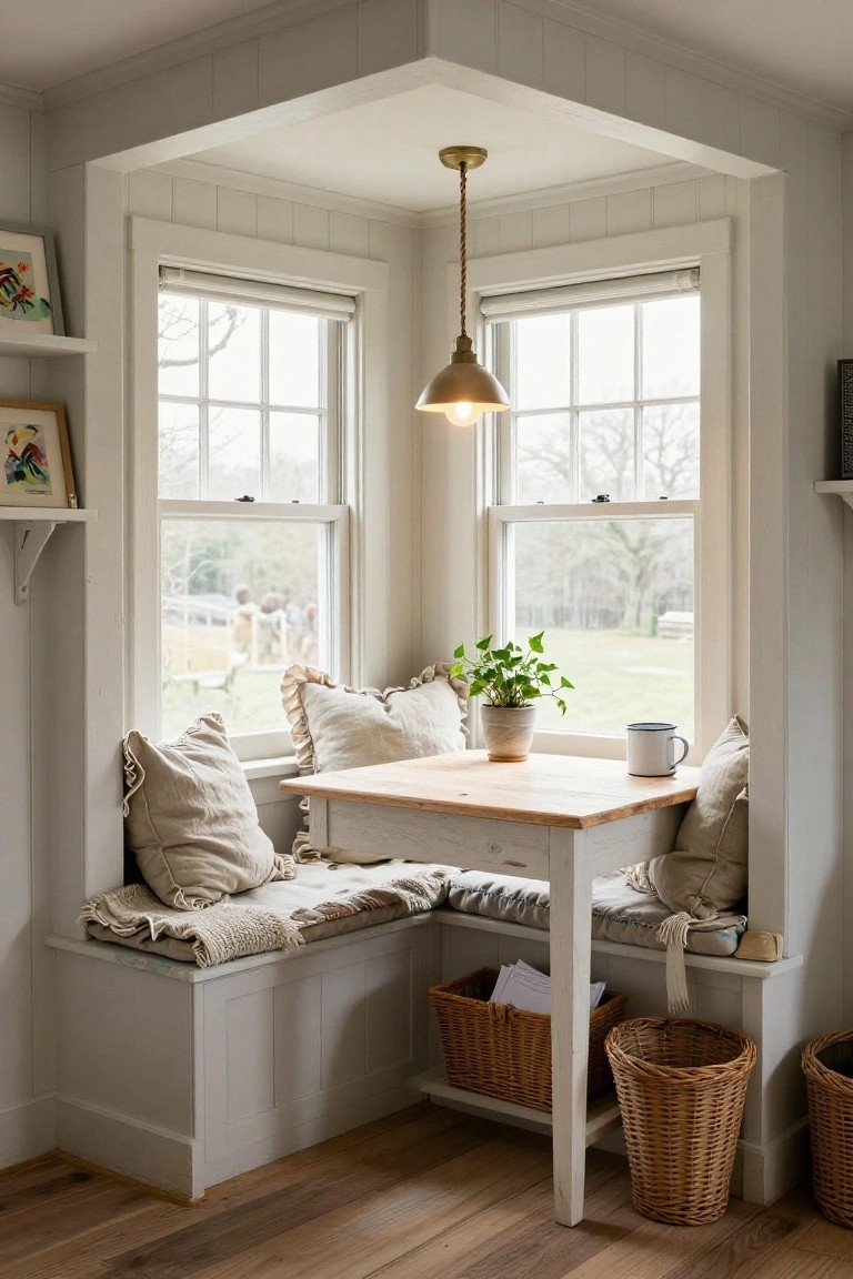 Corner indoor nook with L-shaped built-in bench seating around a small white wooden table, large windows with views outside, pillows, potted plant, mug, papers, and wicker baskets on light wood floors and white paneling.