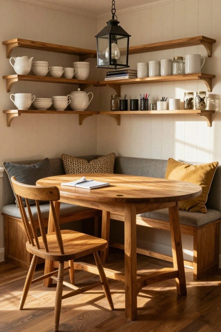 Corner indoor nook with gray fabric banquette seating around a round wooden table, wooden chair, open wooden shelves holding white dishes and jars, and a black metal pendant light hanging above.
