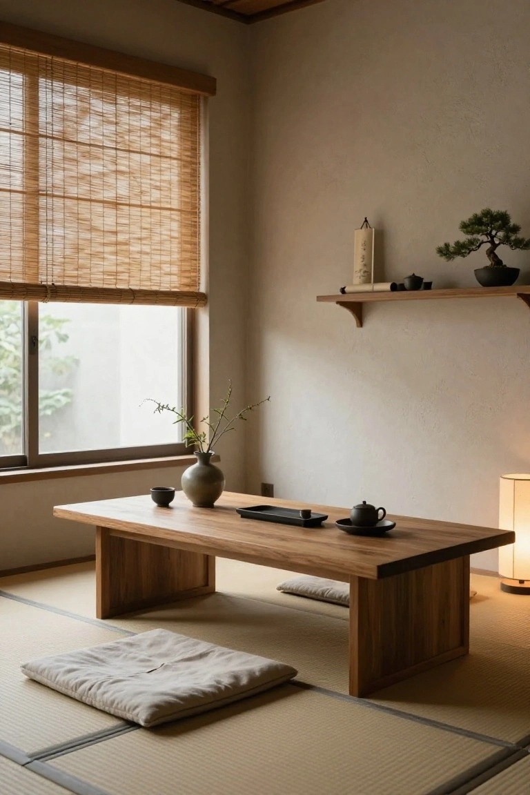 Minimalist indoor room with light tatami flooring, low wooden table holding a teapot, cups, and vase, zabuton cushion nearby, bamboo blinds on window, shelf with bonsai and candle, and paper lamp.