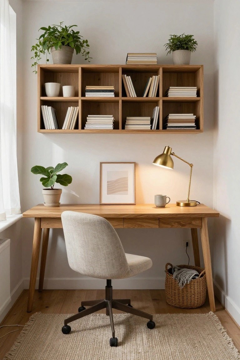 A bright corner home office with wooden open shelves above a wooden desk, stocked with books, white ceramics, and potted plants, plus a cream chair, gold desk lamp, additional plants, seagrass basket, and rug on wood floors.