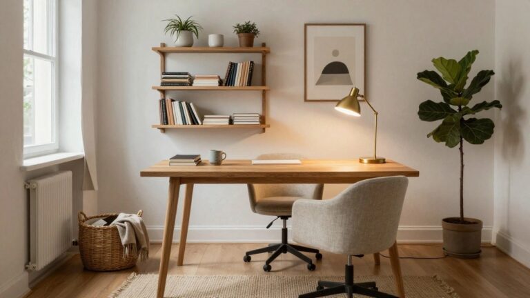 A bright corner home office with wooden open shelves above a wooden desk, stocked with books, white ceramics, and potted plants, plus a cream chair, gold desk lamp, additional plants, seagrass basket, and rug on wood floors.