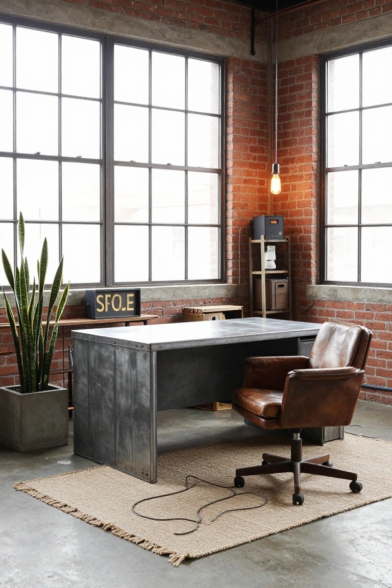 Home office interior featuring exposed brick walls, large windows, metal desk, brown leather armchair on wheels, potted snake plants, wooden shelves, neon SFOLE sign, and jute rug on concrete floor.