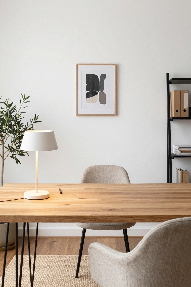 Light wooden desk on black metal legs in a minimalist home office with beige upholstered chair, white table lamp, potted olive tree, black metal shelves holding beige file boxes and books, and framed abstract black and gray print on white wall.