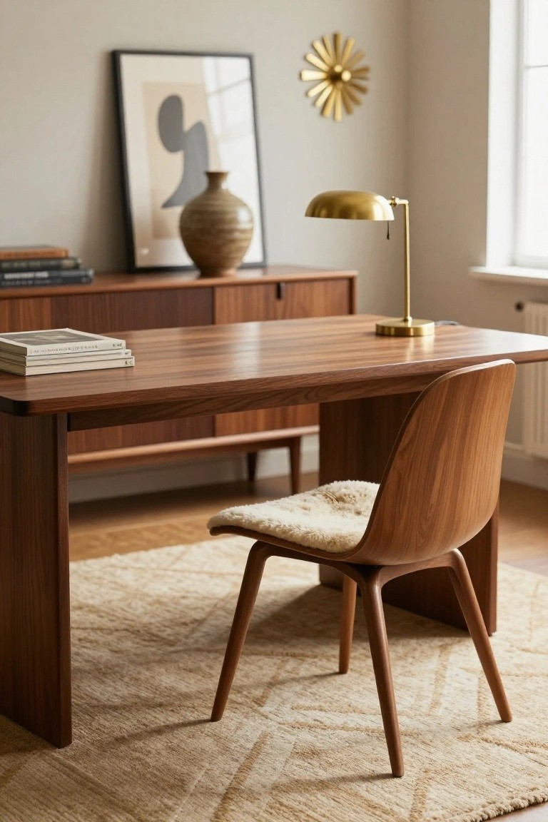 Home office with walnut wood desk and credenzas, wooden chair topped with white sheepskin cushion, gold desk lamp, beige patterned rug, and abstract artwork on wall.