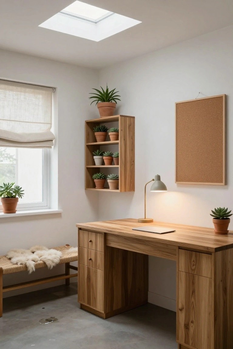 A bright home office with white walls, skylight, wooden desk, open wooden wall shelves filled with many small potted succulents, desk lamp, corkboard, plants by the window, and a bench with sheepskin on a concrete floor.