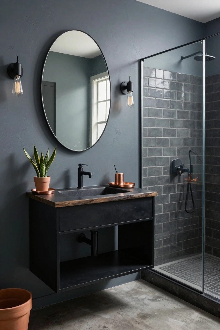Bathroom with deep blue-gray walls, black floating vanity, and subway tile shower.