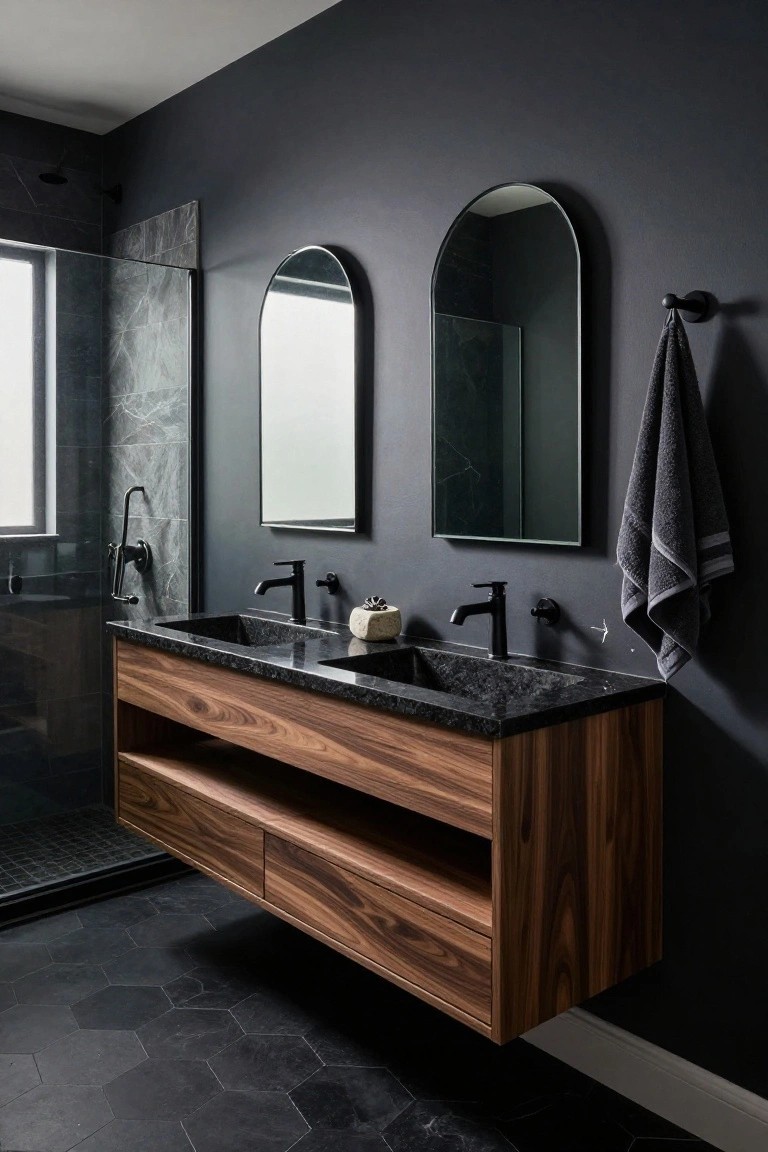 Dark charcoal gray walls in a modern bathroom with floating wood vanity and arched mirrors.