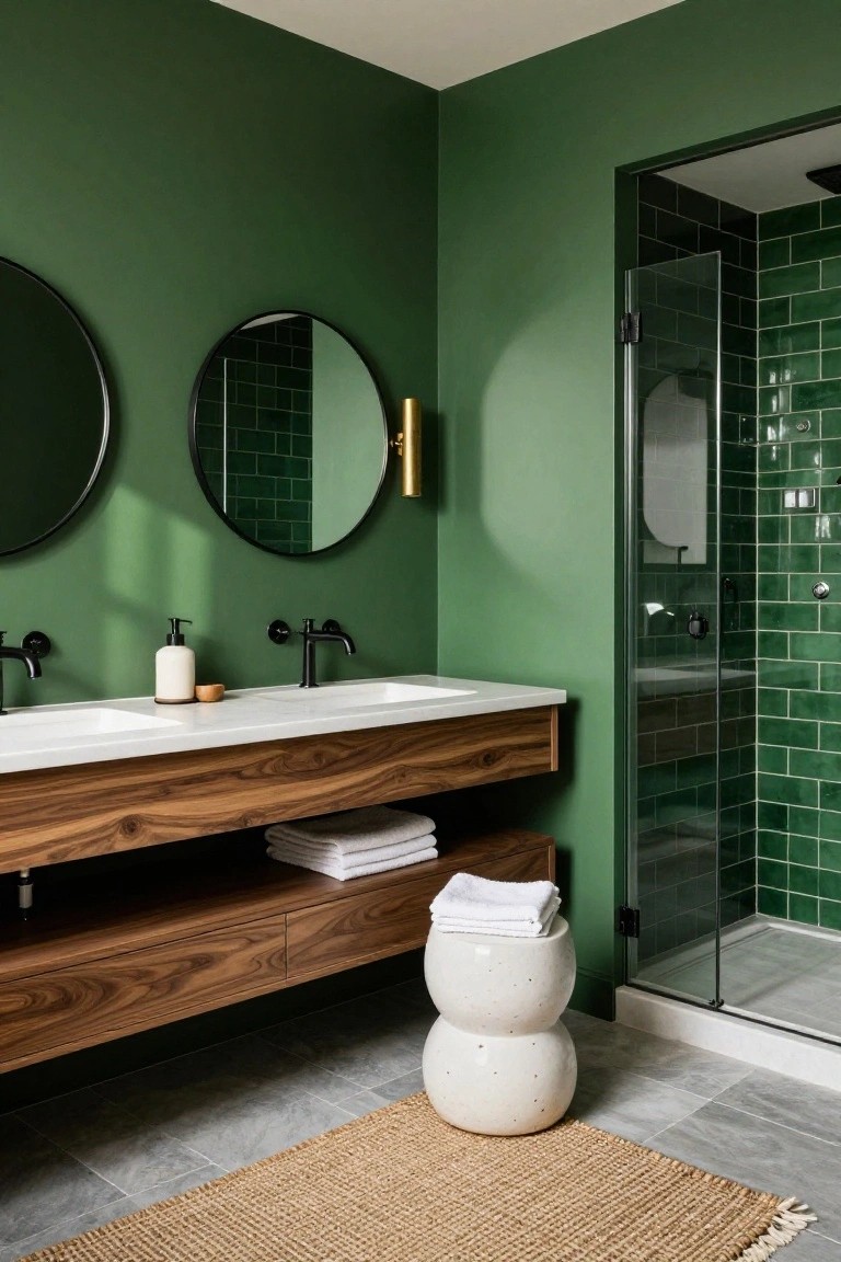 Bathroom featuring deep green walls next to a wood vanity and green-tiled shower.