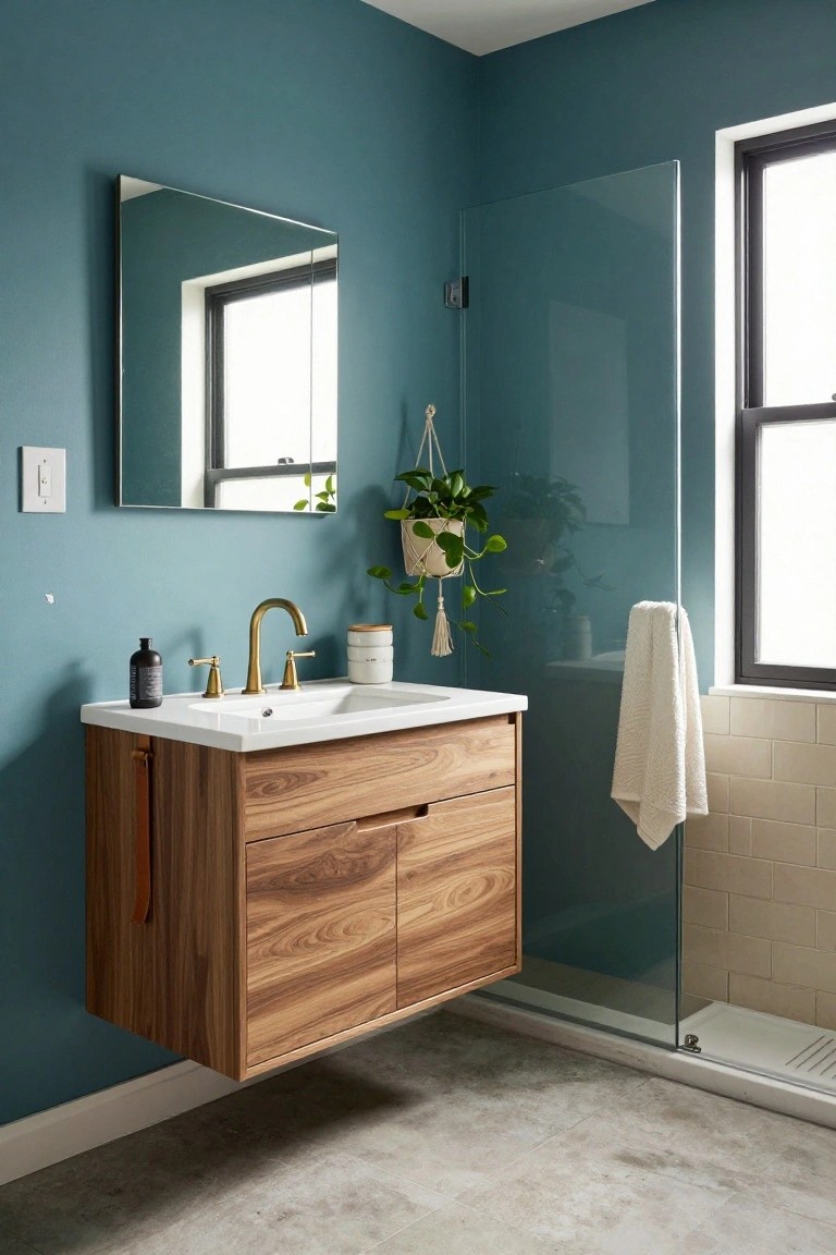Deep teal walls in a bathroom with floating wood vanity and glass shower
