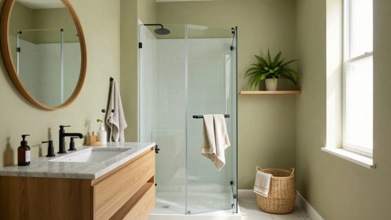 Sage green walls in a bathroom with floating oak vanity and white tile shower