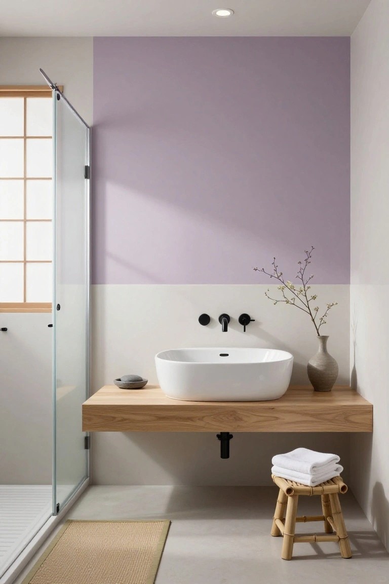 Bathroom featuring pale lavender upper walls above a wood vanity and glass shower.