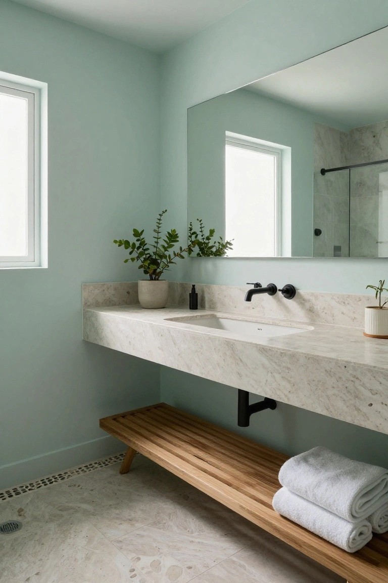 Bathroom featuring pale mint green walls with a floating white marble vanity and wooden bench.