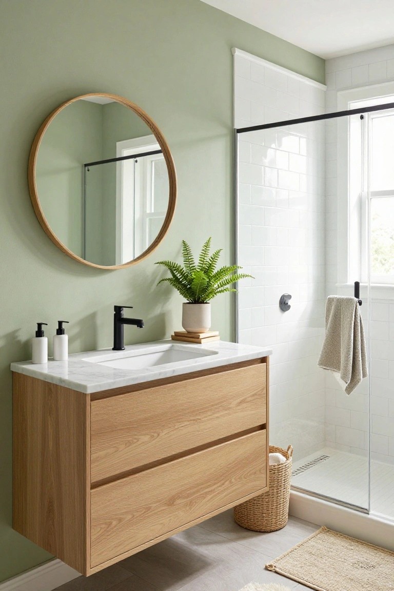 Sage green walls in a bathroom with floating oak vanity and white tile shower