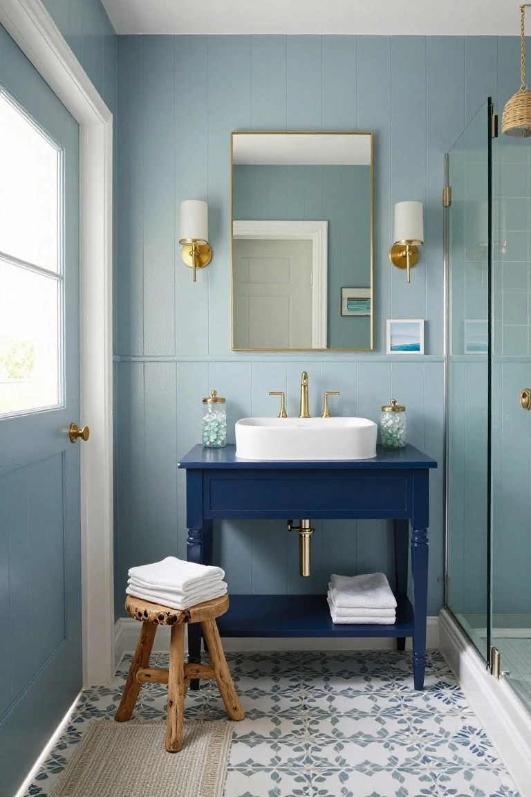 Light blue walls in a compact bathroom with navy vanity and glass shower.