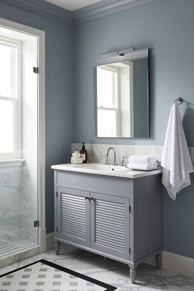 Bathroom with soft blue-gray walls, white marble sink, and hanging towels.
