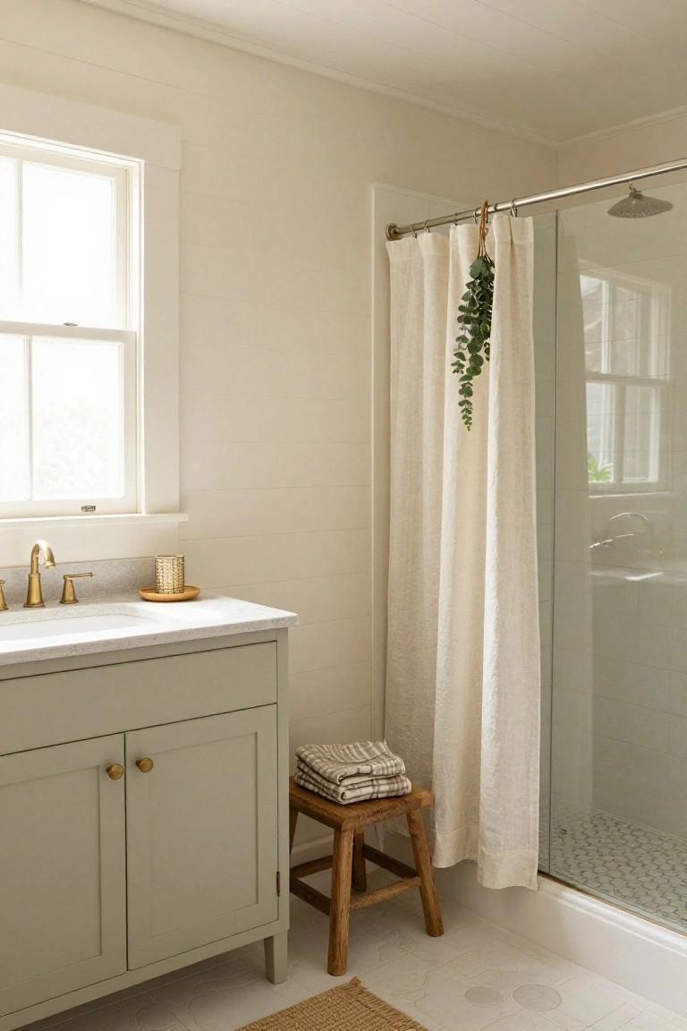 Pale greige walls in a bathroom with sage green vanity and linen shower curtain