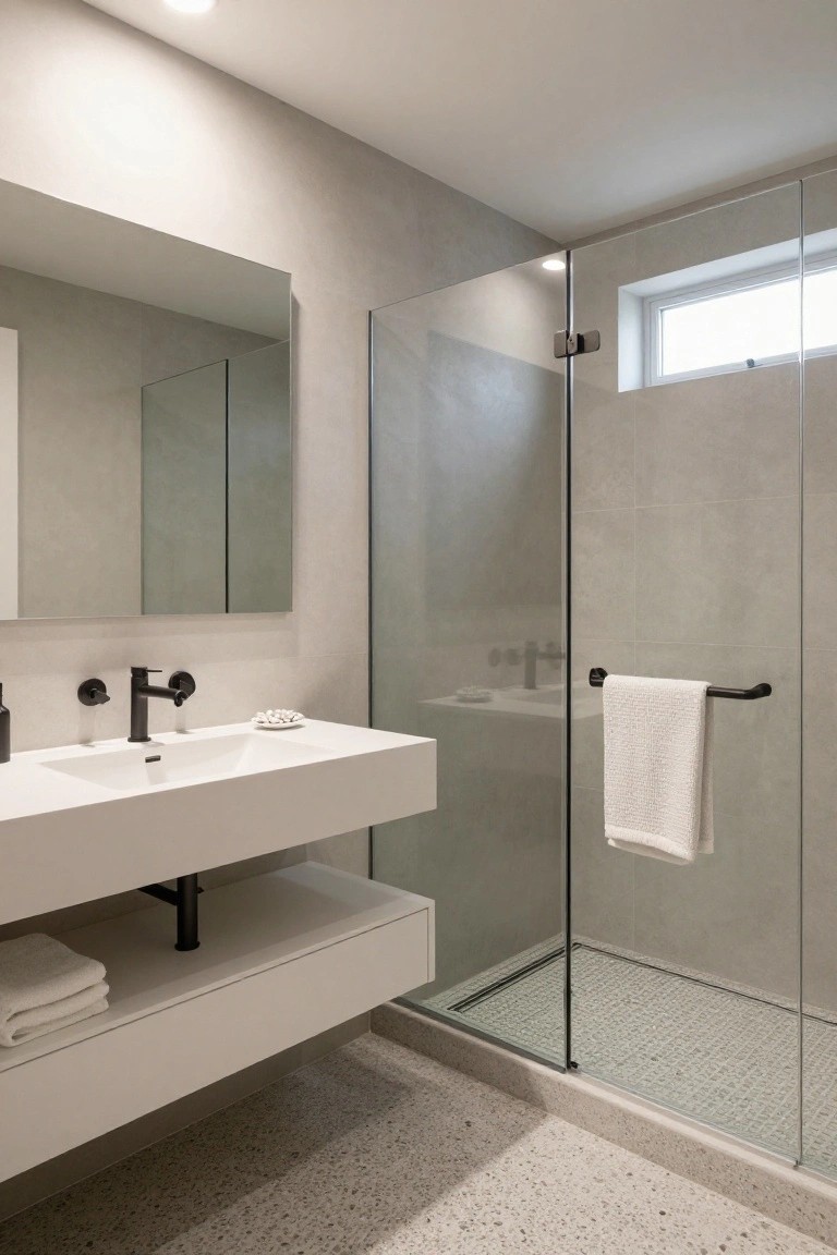Light greige walls surrounding a white floating vanity and glass shower in a modern bathroom