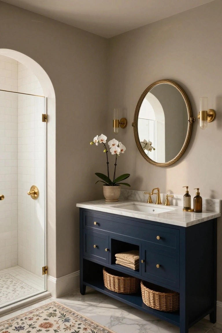 Bathroom walls painted soft greige with navy vanity and gold fixtures