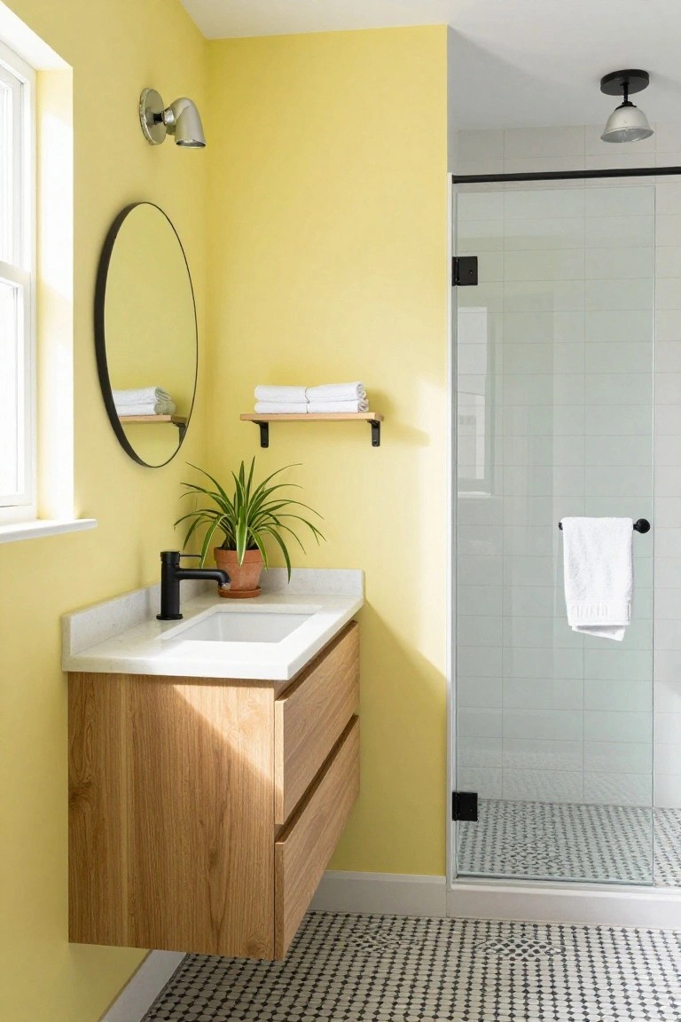 Bathroom with pale yellow walls, floating oak vanity, and glass shower enclosure.