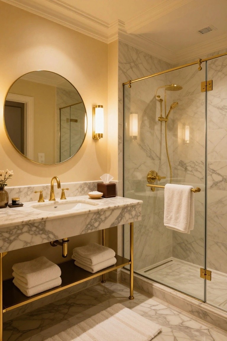 Warm cream painted walls in a luxurious bathroom with gold fixtures and marble surfaces.