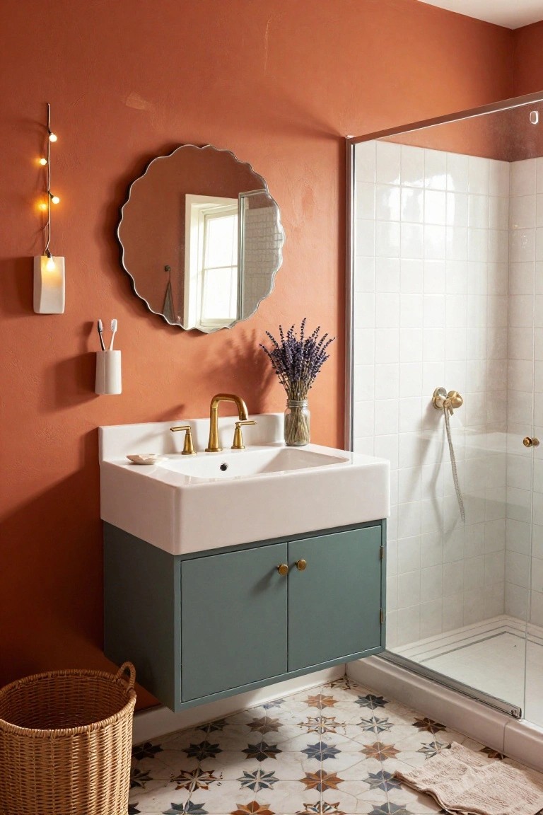 Bathroom with warm terracotta walls, white sink cabinet, and tiled shower corner.