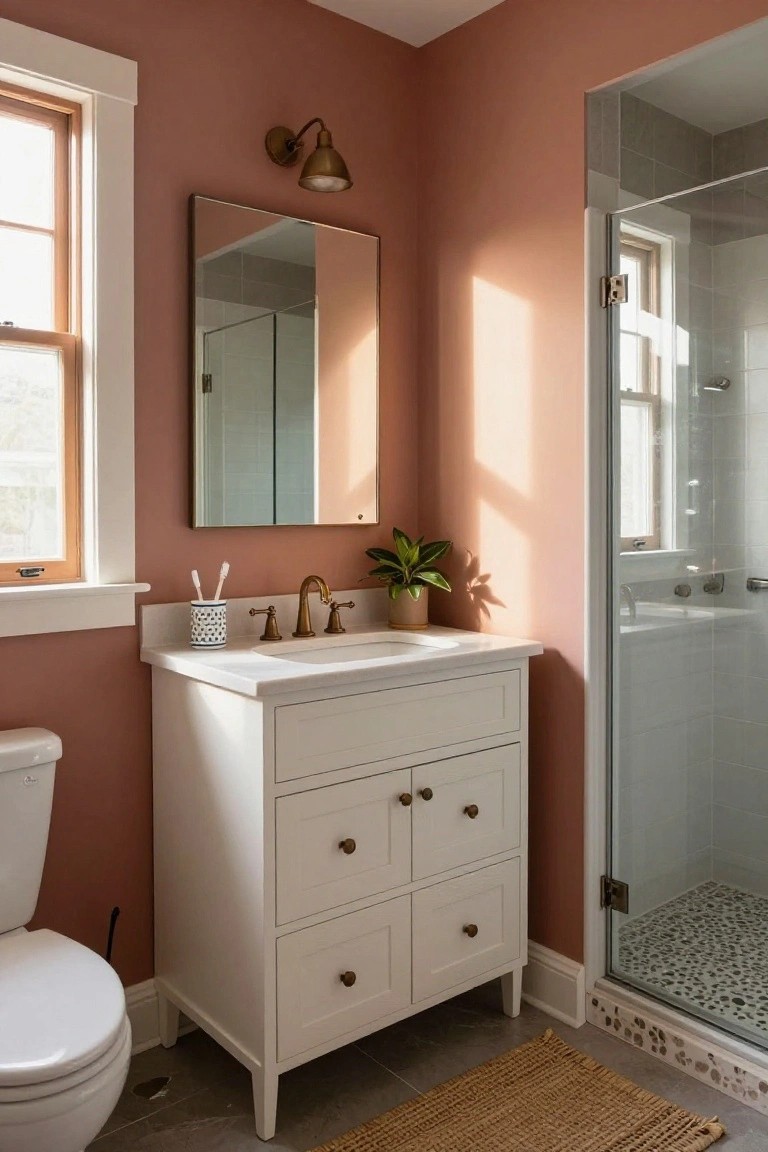Bathroom featuring warm terracotta walls with white vanity and glass shower enclosure.
