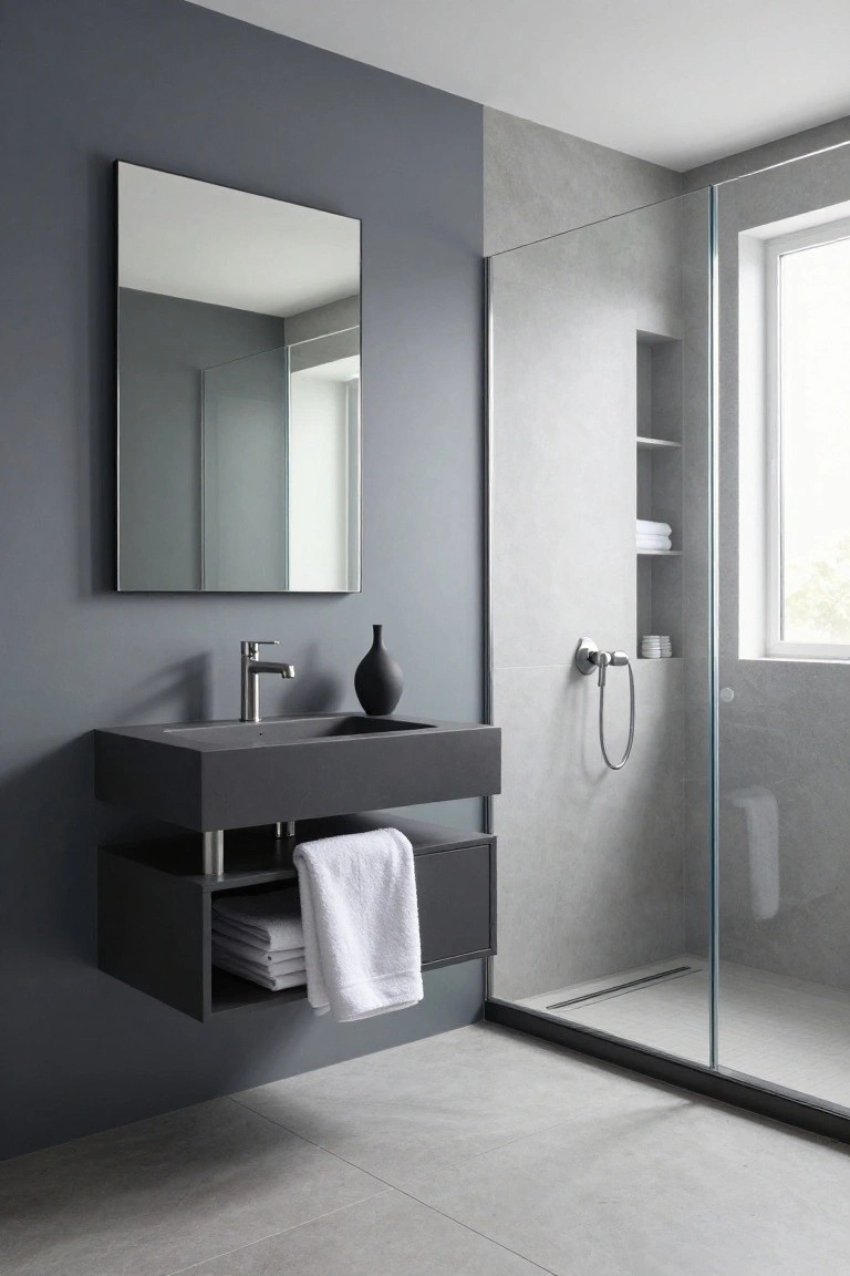 Dark gray painted wall in a modern bathroom with black sink and glass shower.