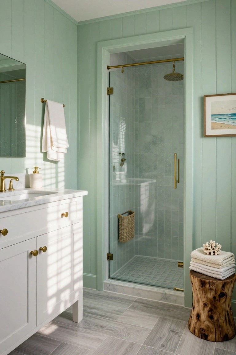 Pale mint green paneled walls in a compact bathroom with glass shower and white vanity.