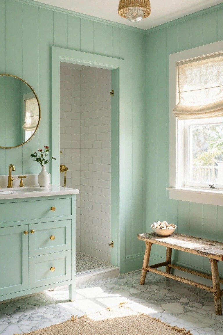 Pale mint green shiplap walls in a bright bathroom with white vanity and brass hardware.