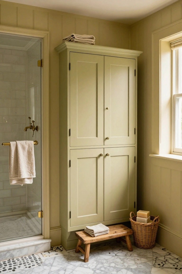 Pale sage green walls and cabinetry next to a glass shower in a bathroom.