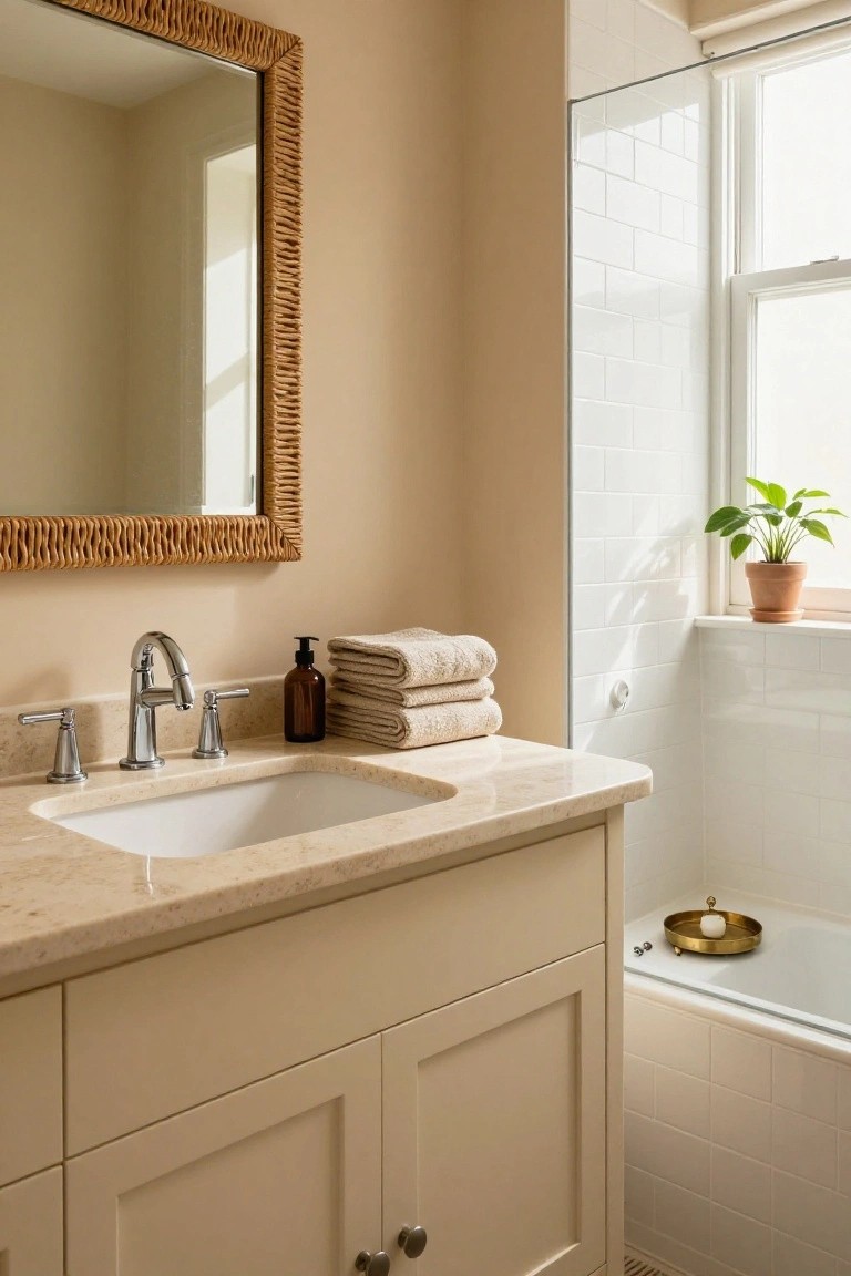 Bathroom with soft beige walls and cabinets next to white tiled shower and tub.