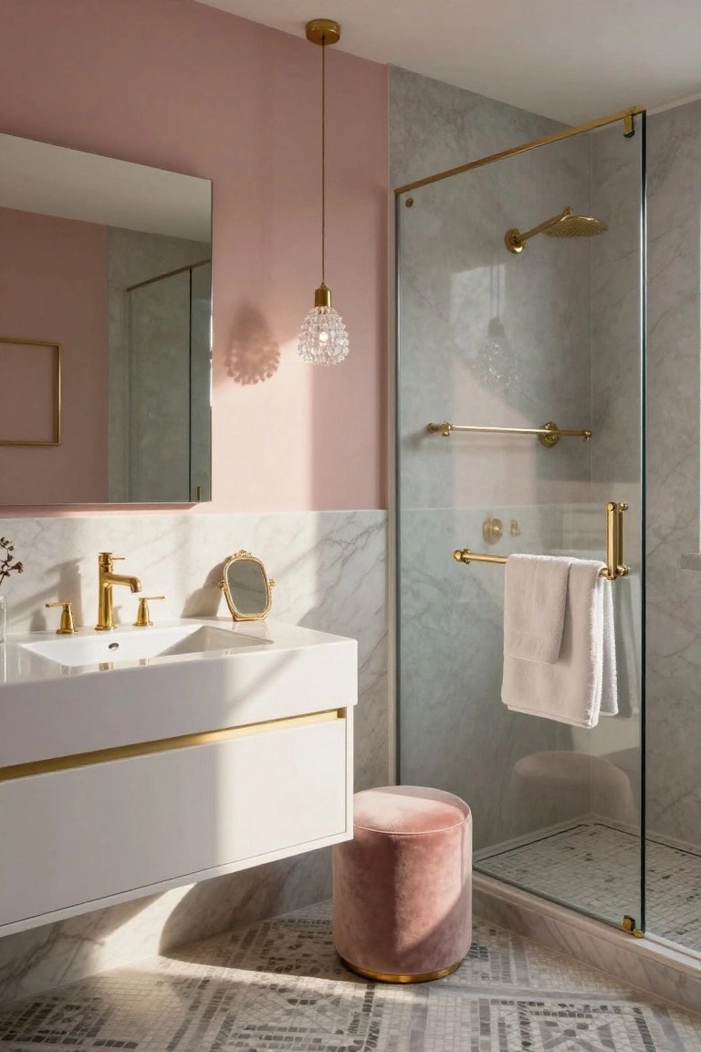 Bathroom with soft blush pink accent wall next to white vanity and glass shower