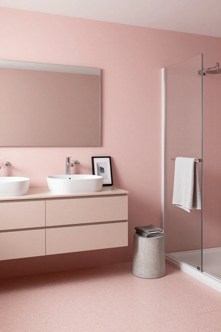 Bathroom featuring soft pink walls and floor with double white sinks and a glass shower enclosure