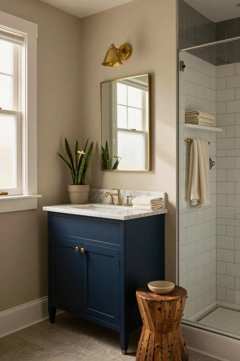 Bathroom walls in soft greige with navy vanity and glass shower enclosure.