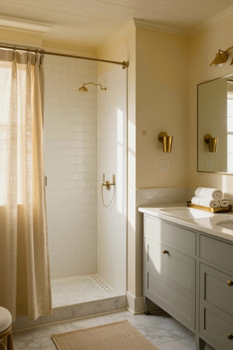 Bathroom featuring soft pale yellow walls next to a white tile shower and greige vanity.
