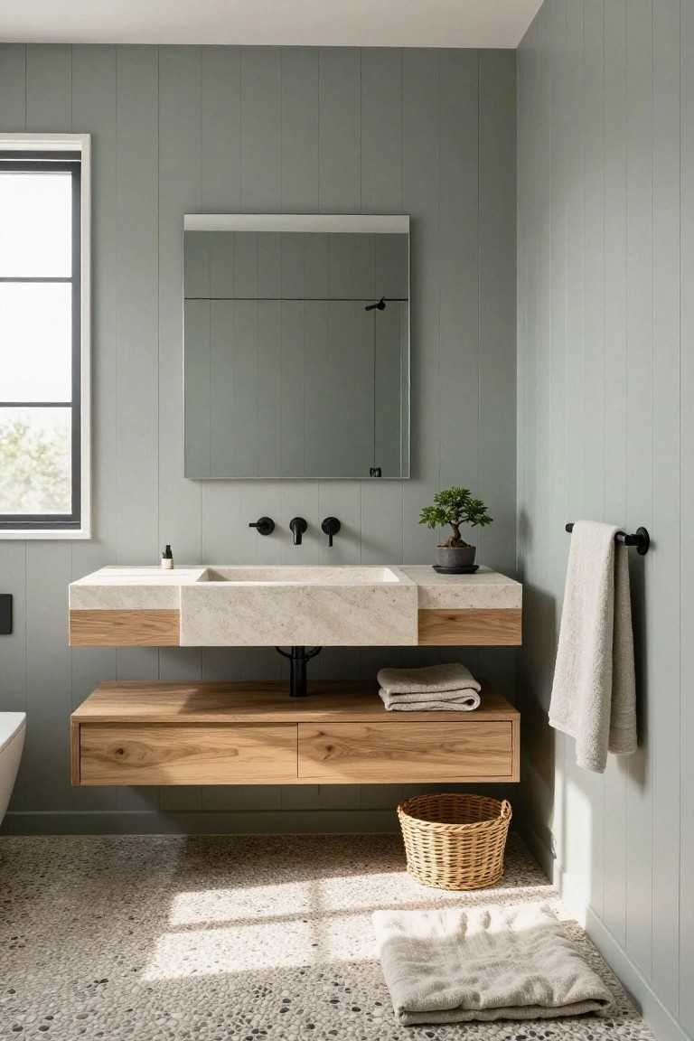 Pale sage green paneled walls in a bathroom with wood vanity and terrazzo floor.