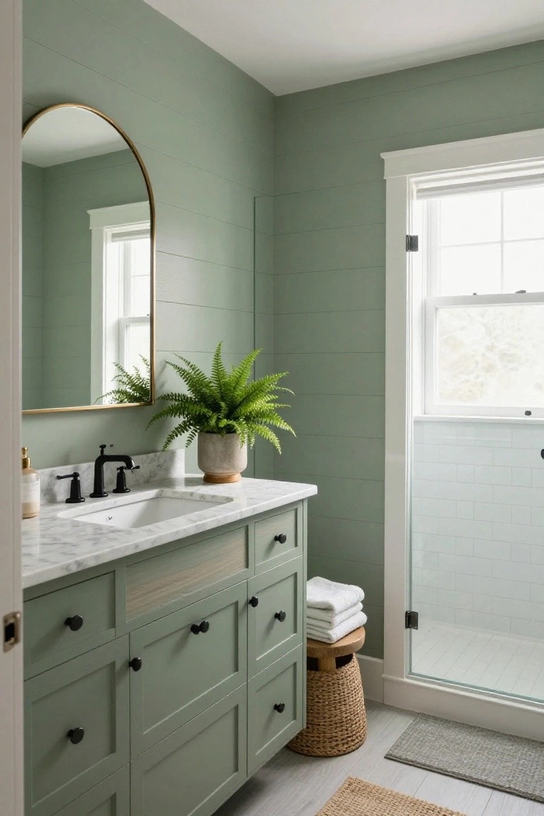 Sage green shiplap walls and matching vanity in a bright bathroom with black fixtures.