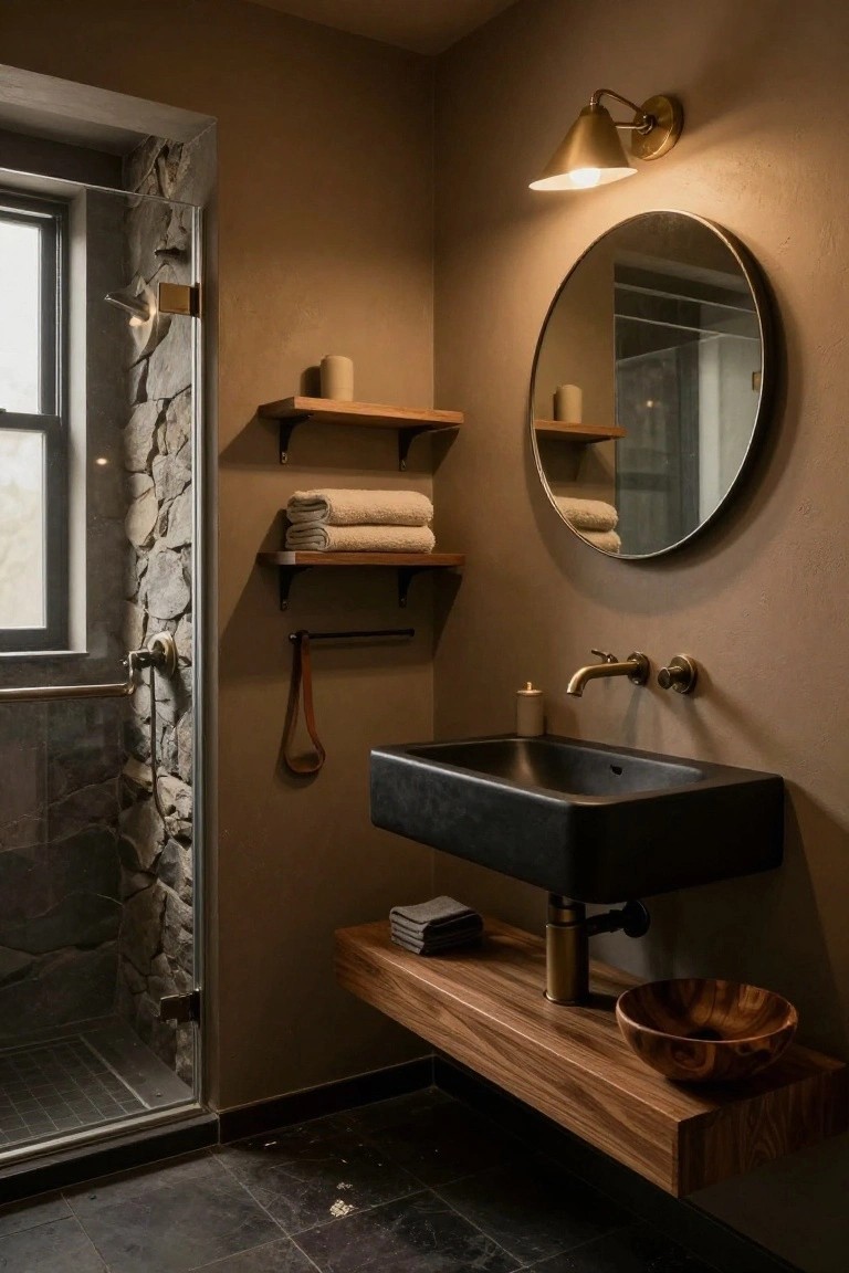 Bathroom with warm beige walls, wooden shelf, and stone shower enclosure.