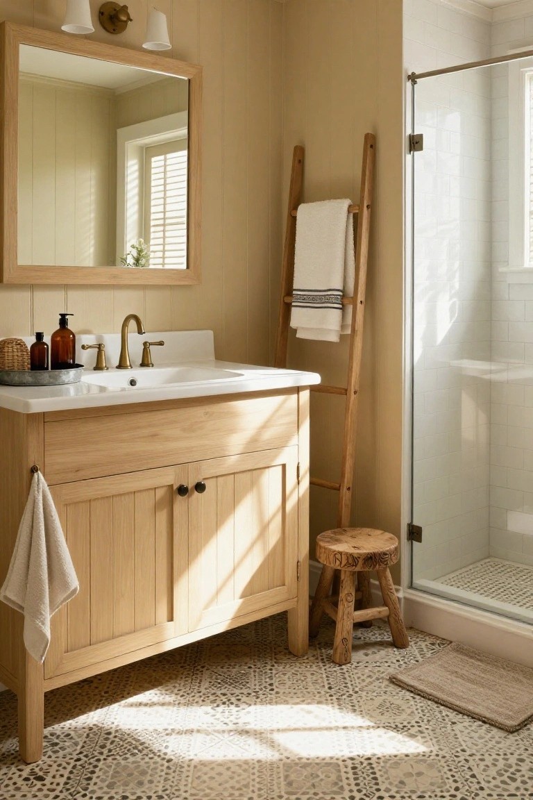 Bathroom featuring warm beige walls next to a wooden vanity and shower.