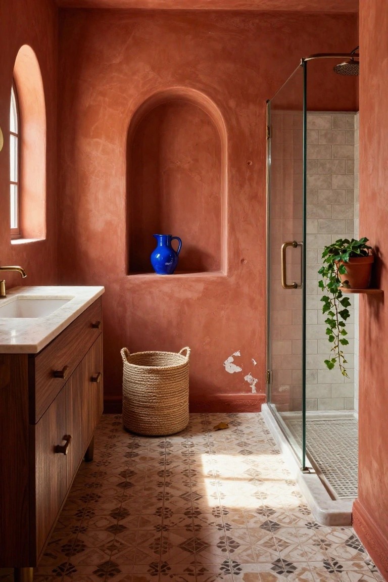 Bathroom featuring warm terracotta walls with a wood vanity and glass shower enclosure