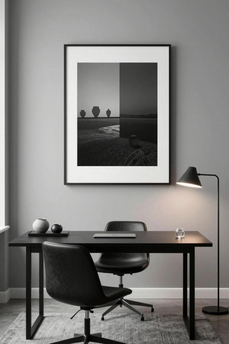 A minimalist home office with pale gray walls, a black metal desk holding a laptop and small ceramics, a black leather office chair, a large framed black-and-white photograph of abstract vases on a landscape, and a black task lamp beside the desk.
